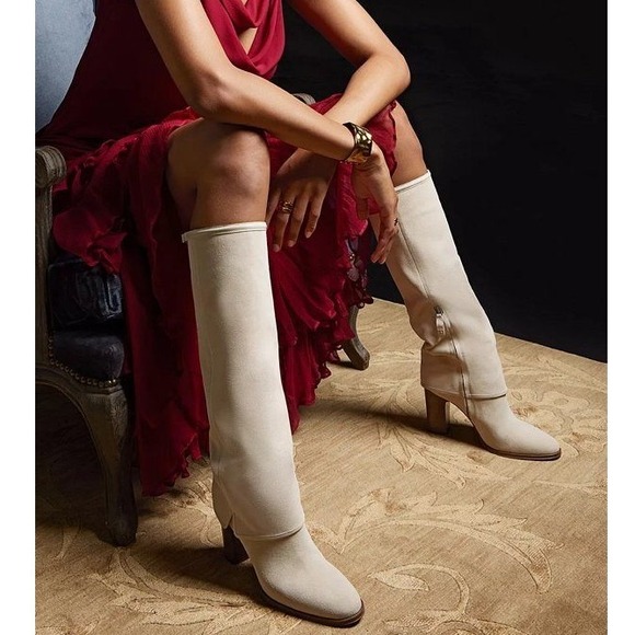 New Franco Sarto Informa West Ecru Suede Knee High Block Heel Boots - Size 11M - Picture 1 of 5